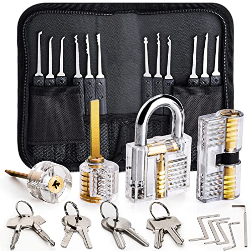 Preciva Dietrich-Set, Preciva 26-teiliges Dietrich-Werkzeug, Dietrich-Set mit 4 transparenten Vorhängeschlössern für Anfänger und Schlossertraining, Schwarz