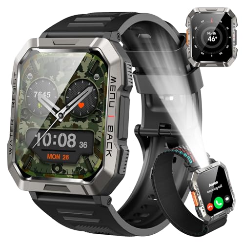 Smartwatch Herren Militär, 100 Tage Akkulaufzeit/LED Taschenlampe/Kompass/2 Armbänders/IP68 Wasserdicht, 100+Sportmodi Sportuhr, Anrufe tätigen/Empfangen Smartwatch Outdoor Fitnessuhr für Android iOS