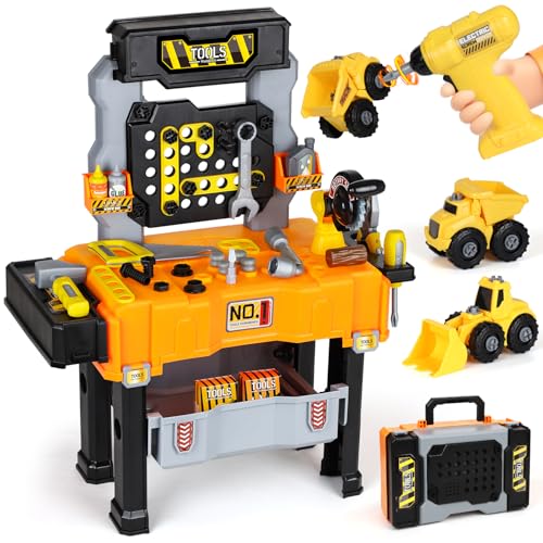 Lehoo Castle Werkbank für Kinder, Montessori Werkzeugkoffer mit Werkzeug Elektro-Bohrmaschine & 2 Auto Konstruktionsspielzeug, Geschenk ab 2 3 4 5 Jahre Junge