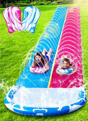 JOYIN 22,5ft/685.8cm Wasserrutsche und 2 Bodyboards, Garten-Wasserrutsche Sommer-Rutsch-Wasserrutschen Wasserspielzeug mit eingebautem Sprinkler für Outdoor-Wasserspaß für Kinder, Blau, Rosa
