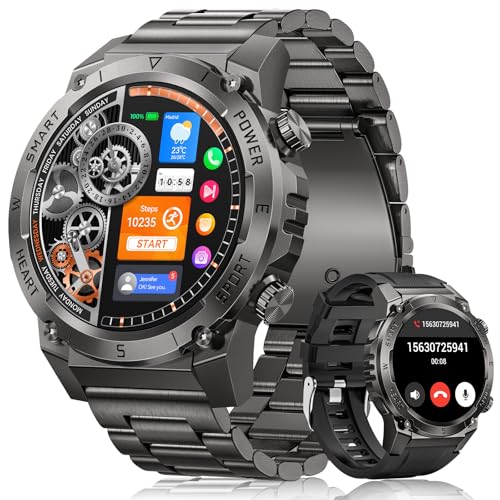 DEKELIFE Smartwatch Herren Militär mit Telefonfunktion, 1.46' Uhren Herren mit 500mAH, IP68 Wasserdicht, 120 Sportmodi, 24/7 Herzfrequenz, SpO2 und Schlafmonitor, Smartwatch für Android iOS, Schwarz