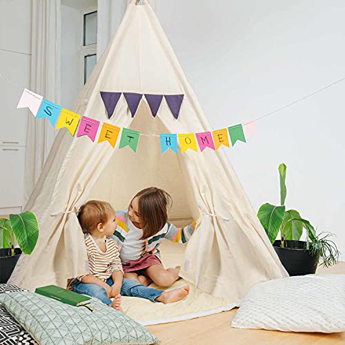 Kinder-Spielzelt Tipi Kinderzelt aus 100% Naturmaterialien; Kinderzimmer Indianer-Zelt aus Baumwolle & Holz für Drinnen & Draußen (Beige)