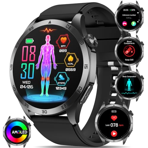 Smartwatch Herren Damen ΒΙυτｚυcker/EKG+HRV/Harnsäure/BMI Gesundheitsuhr 1.43”AMOLED Smartwatch Always-On Display mit Telefonfunktion,SOS-Notruf,24H Herzfrequenz,Schlafmonitor,Wetter für Android iOS