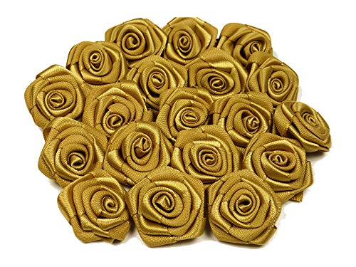 Rosen 3 cm x 10 Stück Satinrosen Aufnäher Deko Blumen Röschen zum Basteln Hochzeit kleine Rosenköpfe Farbe: Gold 687