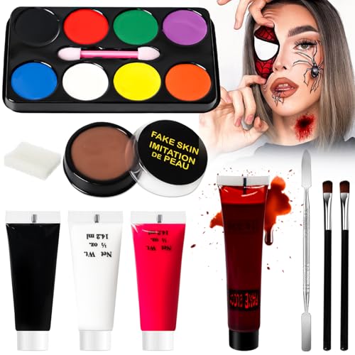 Halloween Schminke Erwachsene Kinder, Halloween Make up Set mit Bodypainting Farben und Kunstblut, Theaterschminke Kinderschminke Faschingsschminke für Vampir Zombie Face Paint Karneval(Mehrfarbig)