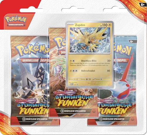 Pokémon 3er-Pack-Blister Karmesin & Purpur – Stürmische Funken: Zapdos