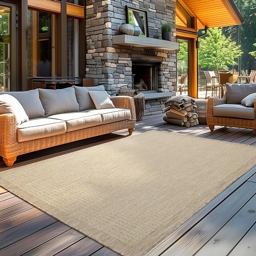 Carpetsale24 In- & Outdoor Teppich Wetterfest 240 x 340 cm Einfarbig Beige - Waschbar, Wasserfest, Pflegeleicht und Flachgewebe - Ideal für Balkon, Garten, Terrasse und als Küchenteppich