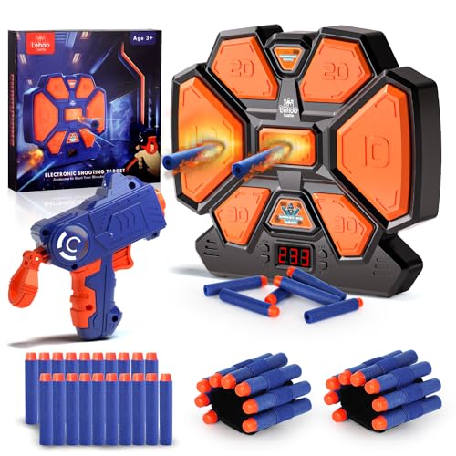 Lehoo Castle Elektronische Zielscheibe für Nerf Pistole - Digital Mit Licht und Sound Effekten, 1 Spielzeug Pistole, 20 Schaumstoff Munition, 2 Handgelenkbänder (Schwarz)