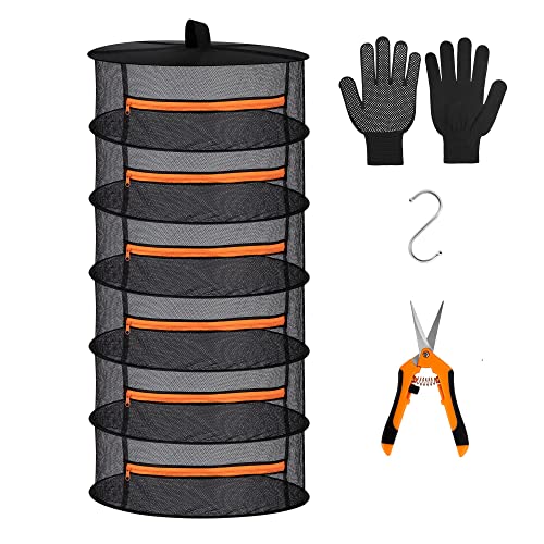 Desy & Feeci 6-lagiges Netz-Abtropfgestell zum Aufhängen von Kräutern, Trockennetz mit orangefarbenen Reißverschlüssen