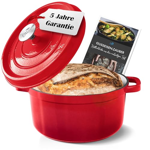 Ottia Gusseisen Topf, 3fach Emaille, 26cm groß, 5 Liter mit eBook. Bräter, Cocotte, Schmortopf mit Deckel, für Induktion, alle Herde, Ofen, emailliert, Brottopf, Brotbacktopf. Aus Hamburg