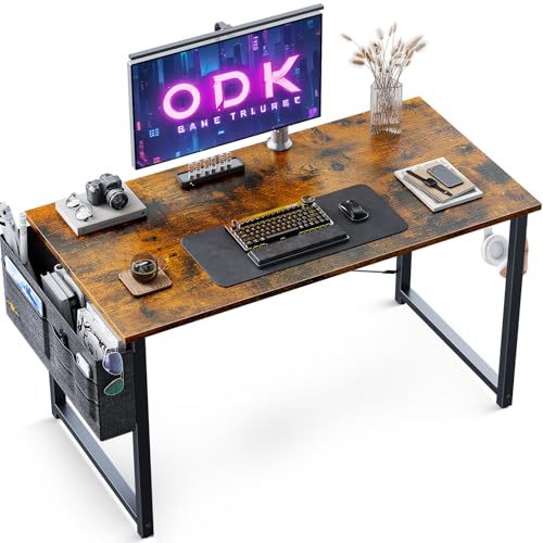 ODK Klein Schreibtisch,100×48×74cm Computertisch Bürotisch mit Kopfhörer Halter und Aufbewahrungstasche, Kleiner Schreibtisch Arbeitszimmer Holz PC Tisch Officetisch für Home, Office, Braun