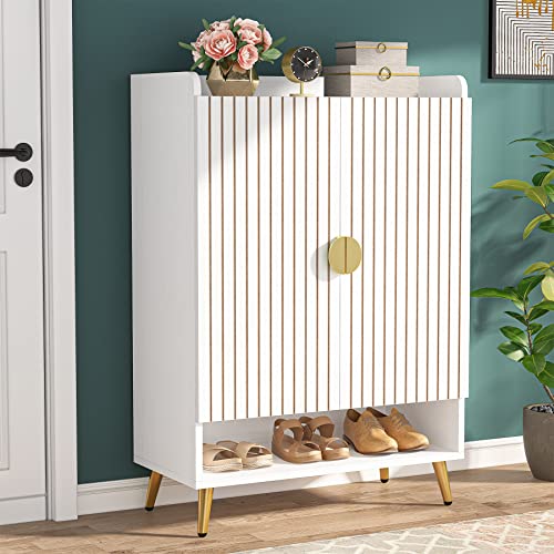 Tribesigns Schuhschrank mit 2 Türen, 75x 37x 110cm, Schuhschrank mit goldenem Metallrahmen, Schuhkipper schmal, 7-stöckig Schuhregal für 25 Paar Schuhe Regal für Eingang, Flurschrank,Wohnzimmer, weiß