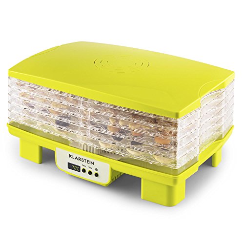 Klarstein Bananarama - Dörrgerät, Dörrautomat, Obst- Fleisch- und Früchte-Trockner, 6 Etagen, stapelbar, 550 Watt, einstellbare Temperatur, Umluftbetrieb, LCD-Display, BPA-frei, gelb-grün