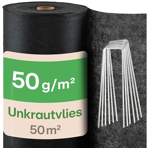 Praknu Unkrautvlies Gartenvlies 50m² mit 24 Erdankern - 50g/m² - Wasserdurchlässig - Reißfest - Leicht zu Verlegen - UV-Stabile Unkrautfolie gegen Unkraut