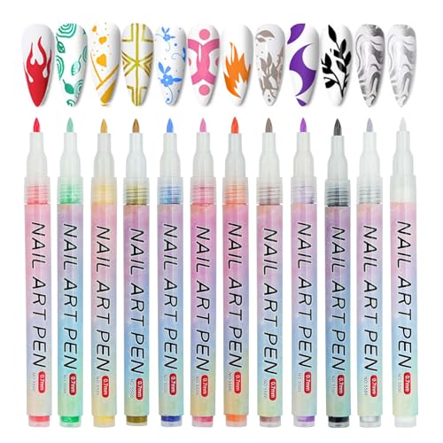 LOPHE Nagellack Stift Set, 12 Farben DIY Linie Nagelkunst Graffiti, 3D, 0.7mm Nagellack Stift, Schnelltrocknende, Nageldesign, Graffiti-Acrylfarbe für Zuhause und Den Salon Nagel-DIY