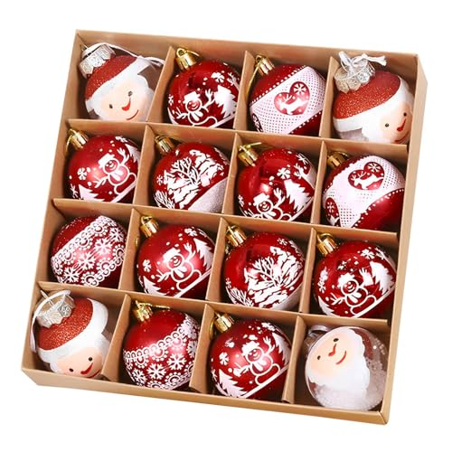 Weihnachtsbaumkugeln 16 Stück Christbaumkugeln 6CM Oberfläche Funkeln Plastik Weihnachtsbaum Deko Traditionelles Weihnachtselemente Schneemann Schneeflocke Rentier Baumschmuck(Rot Weiß)
