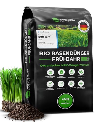 Bio Rasendünger Frühjahr TESTSIEGER Made in Germany – 2,5kg für 100qm - Organischer Rasendünger Bio für gesunden Boden & sattgrünen Rasen - Dünger Rasen, Frühjahrsdünger Rasen von Natureflow Garden