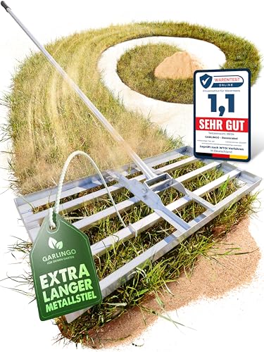 GARLINGO Rasenrakel | 75 x 35 cm | inkl. 1,7m Metall STIEL | Rasen Rakel zum Rasen sanden Rasensand nivellieren Aerifizierer Lawn Leveling rake