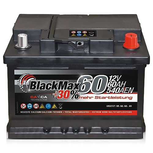 Autobatterie 12V 60Ah 540A BlackMax Starterbatterie ersetzt 55Ah 56Ah 61Ah 62Ah 63Ah, mit PKW