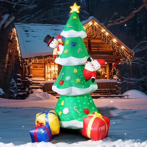 240cm Aufblasbare Weihnachtsdeko Aussen mit Rotierend LED Beleuchtung, XXL Aufblasbarer Weihnachtsbaum mit Weihnachtsmann, Schneemann und 3 Geschenkboxen für Garten, Terrasse, Rasen