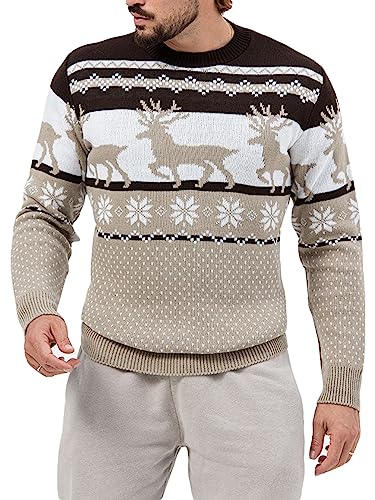 Feziakuk Weihnachtspullover Herren Weihnachten Rentier Strickpullover Winter Warm Christmas Sweater Langarm weihnachtspulli Festlicher Pullover, Braun M