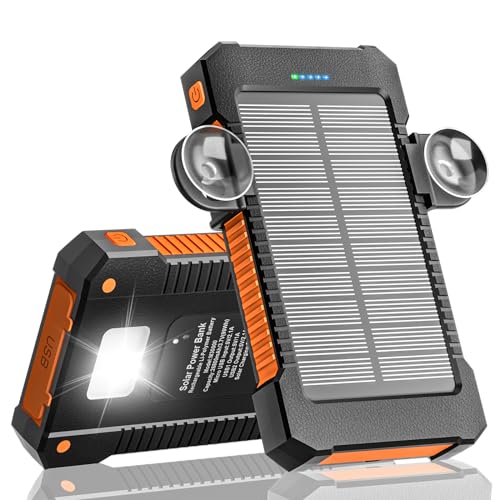 Solar Powerbank 26800 mAh mit Saugnapfhalterung, Solar Ladegerät Externe Akkus 3 USB Anschlüsse mit Taschenlampen Dauerlicht/SOS/Stroboskop wasserdichte Outdoor Power Bank für Handy(orange)
