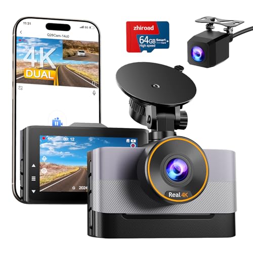 Dashcam Auto Vorne Hinten 4K+1080P,WiFi Dash cam mit 64GB Karte,3' IPS-Bildschirm,Nachtsicht+WDR,Dash Cam G-Sensor, Loop-Aufnahme, 170°+140°Weitwinkel,24H Parking Mode,App Steuerung,Support 256GB Max
