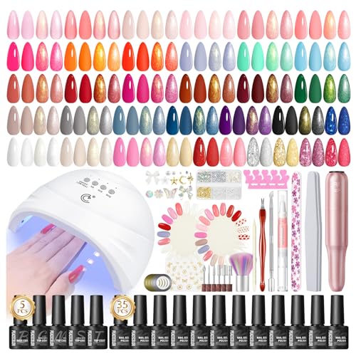 PEACECOLOR 65Pcs Gel Nägel Set mit Lampe, 35 Farben UV Nagellack Set Klassisch Rot Weiß Lila Blau Funkeln und Fräser für Gel Nagelset Starterset Base und Top Coat Nägel Selber Machen Nagelstudio Set