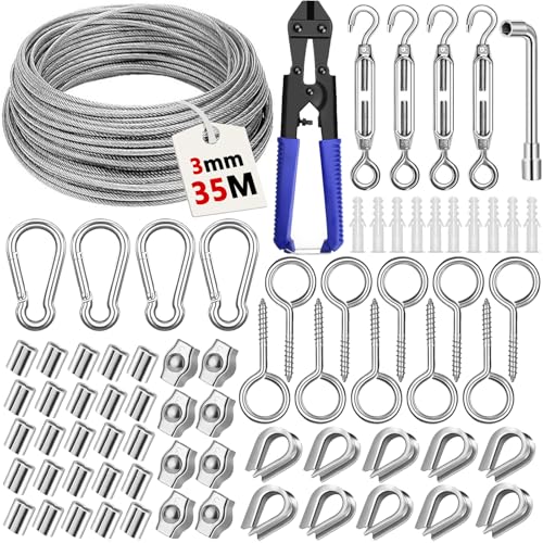 NCKIHRKK 74pcs Drahtseil Edelstahl Kit, 35M/3mm Edelstahlseil Stahlseil mit Ösen, Seilspanner Spannschloss, Seilspanngarnitur, Stahlseil Ummantelt Rankhilfen für Kletterpflanzen Außen Gardinenseil