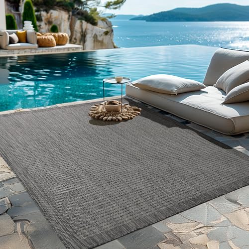 HomebyHome Outdoor-Teppich Flachgewebe Wetterfest Einfarbig Schwarz Küchenteppich, Balkon Terrassen Garten Wohnzimmer Teppich 240 x 340 cm