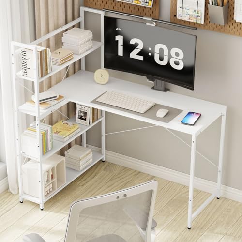 Klihome Eckschreibtisch 120cm, Schreibtisch mit Regal, Computertisch L-Form Links oder rechts 80 cm, Bürotisch mit Metallgestell, Tisch für Arbeitszimmer, Holzwerkstoff, Weiß, K0005TS