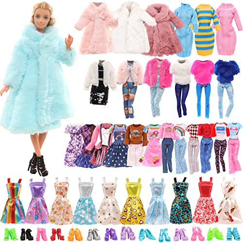 Miunana 28 Kleidung für 30 cm Puppen Puppenkleidung, 1 Mantel 1 Plüschoberteil Outfit 1 Pullover 1 Plüschjacke Set 3 Fashion Kleider 3 Tops 3 Hosen 5 Minikleider 10 Schuhe für 11,5 Zoll Puppen