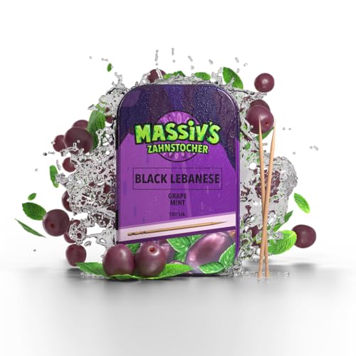 Massiv's Zahnstocher - Zahnstocher mit Geschmack – BLACK LEBANESE Grape Mint – 100 aromatisierte Zahnstocher – frischer Atem – stylische Metalldose – vegan, zuckerfrei, kalorienfrei