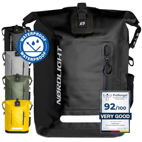 Nordlight Wasserdichter Rucksack Roll Top 25L - Hybrid 25' (Schwarz) | Dry Bag Rucksack mit 15 Zoll Laptopfach, Außen- und Innentaschen, gepolsterter Tragesystem