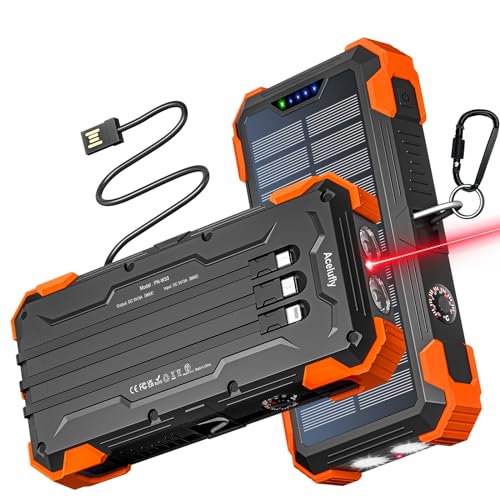 Solar Powerbank 38800 mAh mit 4 Kabeln, Powerbank USB-C Schnellladung 5 Ausgänge 3 Eingänge für Handy, Wasserdichtes Solarladegerät Externe Akkus mit Taschenlampe (SOS), Rotes Licht, Thermometer