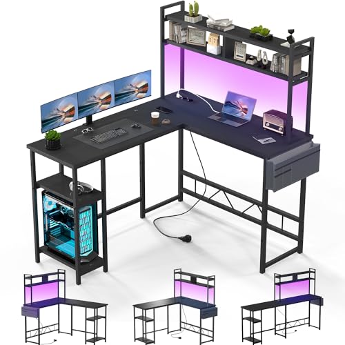 Devoko Gaming Tisch mit LED, Eckschreibtisch Gaming Schreibtisch mit 2 Steckdosen und 2 USB-Anschlüssen, Computertisch mit Aufbewahrung, Rahmen aus Stahl, 140 x 120 cm,Schwarz