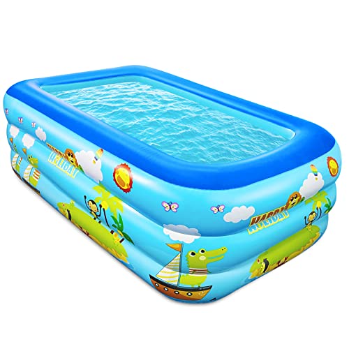 Jiosdo Planschbecken - 150cm groß Aufblasbares Kinderpool Family Pool Babypool Kinderplanschbecken, Rechteck Family Schwimmbecken mit Aufblasbarem Weichem Boden für Sommer, Wasserspaß(Blau)