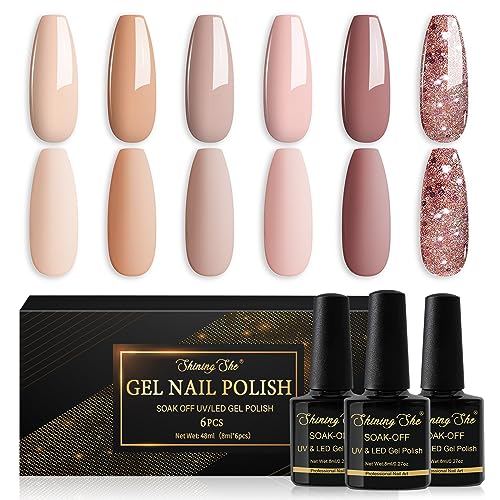 Shining She UV Nagellack Nude, 6 Farben Nude Rosa Braun Beige Glitzer UV Nagellack Set, Soak-Off UV Gel nagellack Nudetöne Schellack Set für Starter Nail Art Salon DIY Home, 8ML