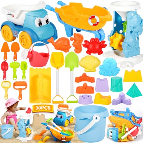GUHAOOL Sandspielzeug,30 Stück Strandspielzeug Kinder,Strand Sandspielzeug Set mit Wasserrad, Eimer,Sandförmchen,Sandschaufel,Netzbeutel,Sandkasten Spielzeug für Kinder 1 2 3 Jahre (Zufällige Farbe)