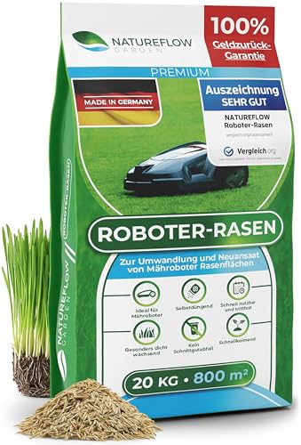 Mähroboter Rasensamen schnellkeimend 20kg TEST SEHR GUT - Roboter Grassamen Made in Germany - Für pflegeleichten Garten mit Natureflow Rasensaat