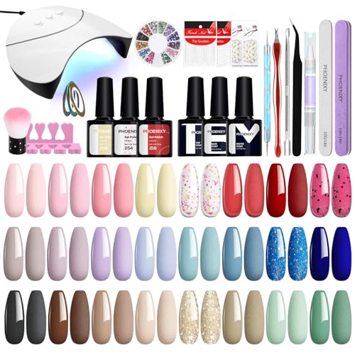 Phoenixy 24 Stk. U V Nagellack Set mit Lampe, Gelnägel Set mit Unterlack Überlack Matte Überlack Geschenke für Frauen