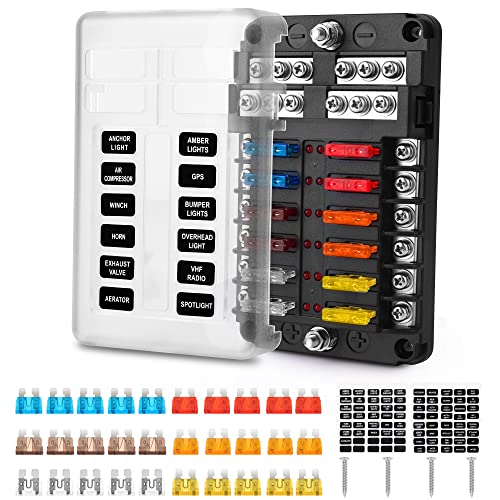 KFZ Sicherungshalter, MICTUNING 12V Sicherungsverteiler 12 Fach Sicherungskasten mit 30Pcs Sicherungen und LED-Anzeige für Wohnmobil Boot Camper