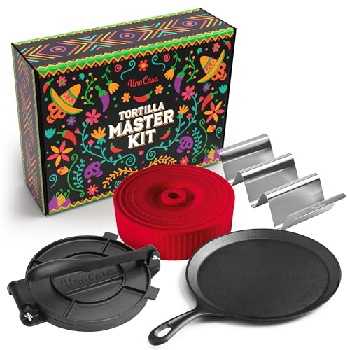 Uno Casa Tortilla Master Kit – Tortilla-Presse, 20,3 cm, mit Comal-Pfanne, 4 Taco-Haltern und Tortilla-Wärme, einzigartiges Geschenk für Freunde oder Familie, Taco Tuesday Kit