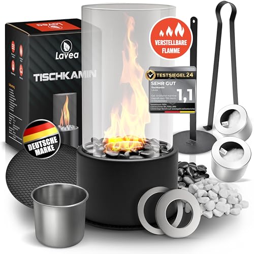 Tischkamin Ethanol Tischfeuer Indoor & Outdoor - Bioethanol Tischkamin Mit Verstellbarer Flamme - 2 Brennkammern für unendliche Brenndauer - Bio Ethanol Kamin mit Zwei Steinarten - Balkon Gartendeko