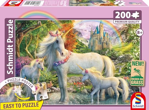 Schmidt Spiele 56540 Einhornstute mit Zwei Fohlen, 200 Teile Kinderpuzzle aus Graspappe