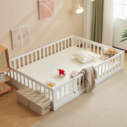 LALAHO 2in 1 bodenbett Montessori Kinderbett mit Freiem Tor，mit Rausfallschutz & Lattenrost，Gitterbett Kinder Jugendbett Einzelbett（weiß 140×200） - 2 Größen, bis zu 300 kg Tragfähigkeit, Umbaubar