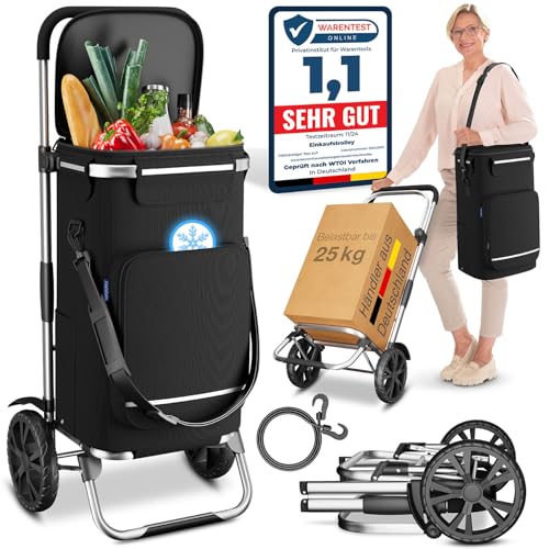 maxVitalis Einkaufstrolley klappbar, Einkaufswagen mit Kühlfach, 3in1 Trolley, Sackkarre & Umhängetasche, Einkaufsrollwagen, Shopping Trolley 43L Kapazität & Spanngurt, Hackenporsche Schwarz