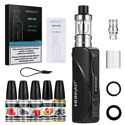 E Zigarette 75W, MONVAP M75 Starter Set 2600mAh Build-in Vape Inhalator Vernebler, Top Refill Verdampfer 0,3 ohm 2ml E Dampfer ohne Nikotin 0.0mg (M75)