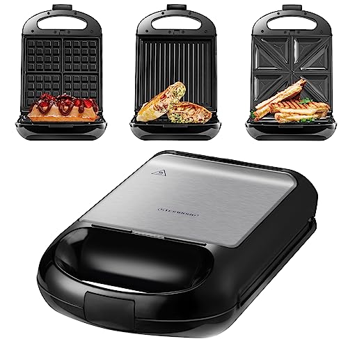 Steinborg 3in1 Sandwichmaker XXL | 3 auswechselbare Platten | 1200 Watt | Kontaktgril | 4er Sandwich Maker | Multigrill | Waffel Eisenl | Elektrogrill | Waffeleisen, Siler/Schwarz
