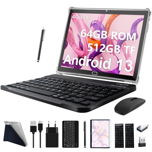 2024 Neueste Tablet 10 Zoll,3-in-1 Tablet Mit Tastatur Maus Stift,Android 13 4G LTE Tablets Mit 2 SIM 1 SD,64GB ROM 512GB TF-Octa-Core | 1080P FHD | 13MP | 6000mAh | Bluetooth | WLAN GPS Typ C-Grau